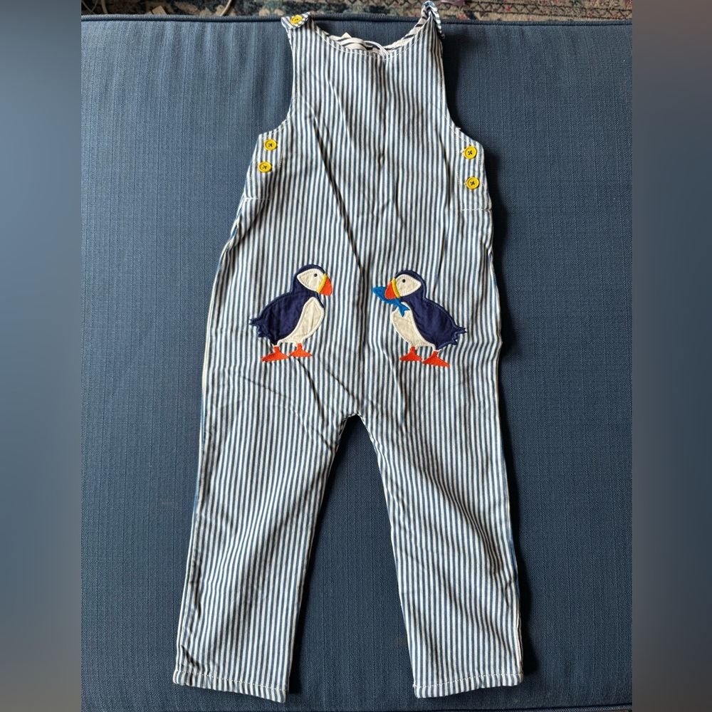 Boden Blue and White Striped Overalls with Puffin Design